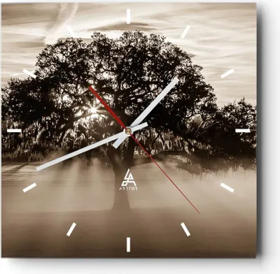 Produktbild von Wanduhr - Quadrat - Glasuhr - Baum Feld Natur - 40x40cm - Schleichendes Uhrwerk - Lautlos - zum Aufhängen bereit - Dekoration Modern - Wanddekoration aus Glas - C3AC40x40-3811