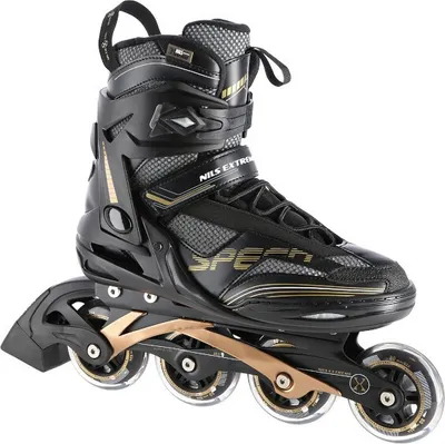 A black and gold inline skate is shown against a white background.
