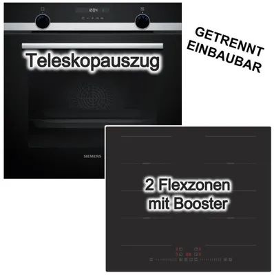 Produktbild von Herdset Siemens Backofen 3DHeißluft Hydrolyse Teleskopauszug Pizzastufe + PKM Induktionsfeld Flexzonen Booster