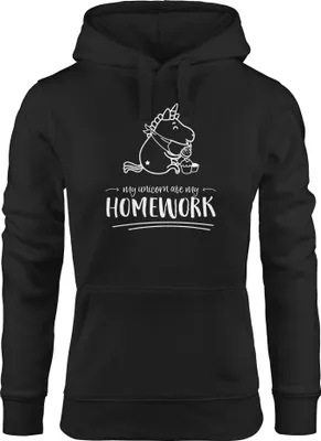 Produktbild von Damen Hoodie Einhorn My Unicorn ate my Homework Sprüche Spruch Kapuzen-Pullover Moonworks® schwarz S