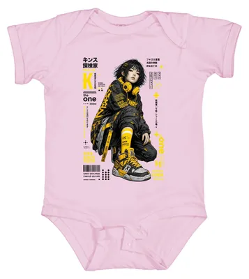 Zdjęcie produktu dla 369 – Strój typu "body" dla dziewczynki, inspirowany anime, w stylu techwear i streetwear, z motywami japońskimi i estetyką Y2K/cyberpunk, kolor różowy, rozmiar 12/18