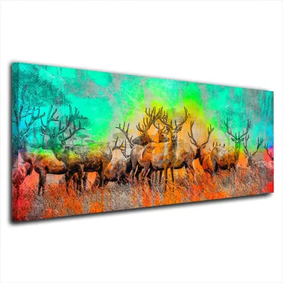 Produktbild von Hirsch Herde Colour Tier Leinwandbild Wandbild Deko Kunst XL: 125x50x4cm