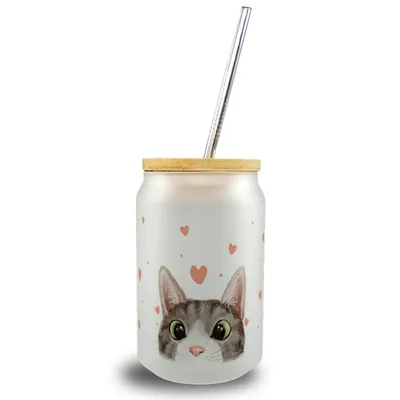 Produktbild von Katze Trinkglas mit Bambusdeckel im Aquarell-Stil