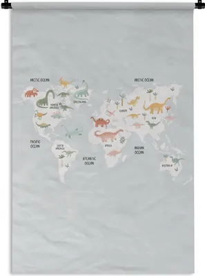 Produktbild von MuchoWow® Wandteppich Wandbehang Weltkarte - Kind - Dino 60x90 cm Tapisserie Dekoration Wandtuch - Foto-Teppich - Abwaschbar