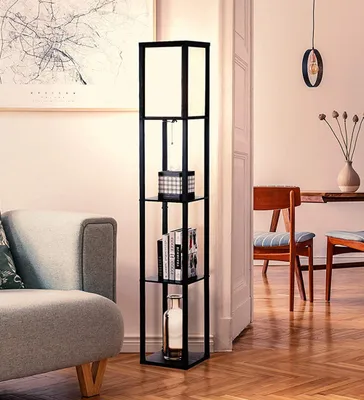 Obrázek produktu pro Stojací lampa s policí, rohová lampa rohová police dřevo černá 25x25x160cm, stojací lampa noční stolek do obývacího pokoje ložnice, teplá bílá