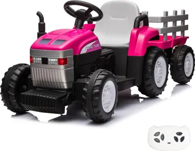 Obrázok produktu pre Detský elektrický traktor 12 V s prívesom (2–5 rokov) – s diaľkovým ovládaním, pneumatikami EVA a 2 motormi – detský elektrický traktor – ružový