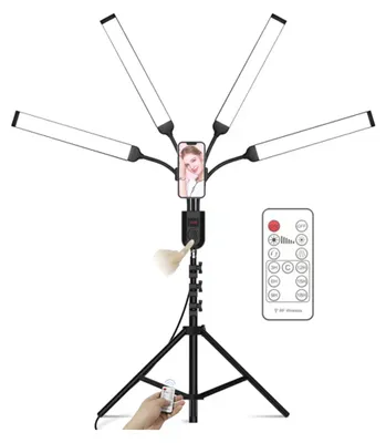 Obrázok produktu pre Flexibilné 4-ramenné LED videoosvetlenie, doplnkové osvetlenie pre fotografovanie, 3000 K/4000 K/6000 K, dvojfarebné, s reguláciou jasu, časovač, s držiakom na telefón, 1,6 m/63 palcov, kovový svetelný statív, diaľkové ovládanie pre živé vysielanie, svadobné portréty, produktová fotografia