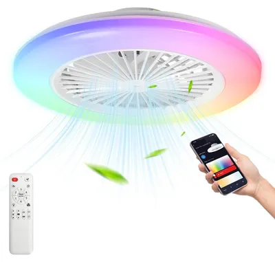 Image de Ventilateur de plafond avec éclairage, blanc, 50 cm, variateur d'intensité, éclairage LED RGB, 6 vitesses