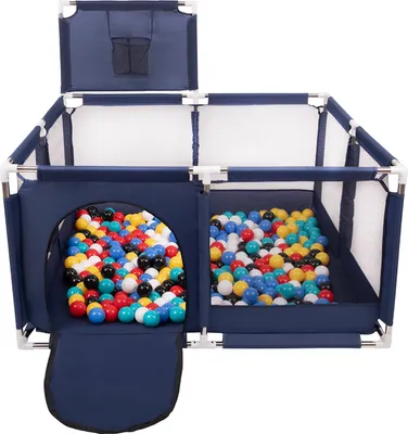 Produktbild von Selonis laufstall mit korb und 100 bälle laufgitter für kinder, blau:schwarz/weiß/blau/rot/gelb/türkis