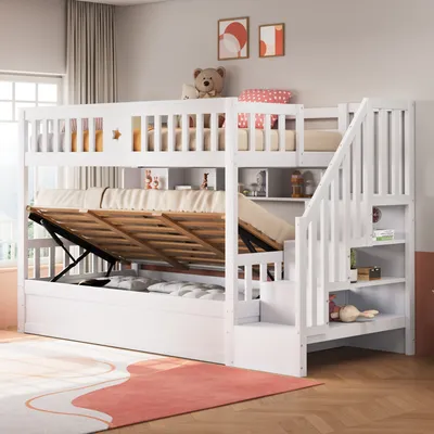 Produktbild von Flieks Etagenbett 90x200cm mit Regal, Hydraulisches Kinderbett mit Stauraum, Hochbett Stockbett mit Rausfallschutz und Lattenrost, Weiß