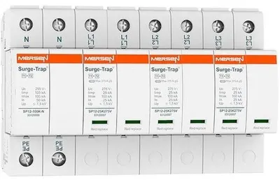 Immagine prodotto di Dispositivo di protezione da sovratensione Mersen, modello T1+2, 275V, 4 poli, 8TE, tipo TT, codice prodotto STPT12-25K275V-4PG