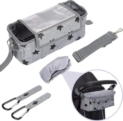 Produktbild von Buggy Organizer - Wasserdichte Regenhaube - Organizer - Buggy - Handytasche und 2 x Kinderwagenhaken