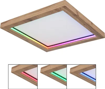 Productafbeelding van Globo Lighting plafondlamp, metaal, mat zwart, MDF-houtlook, donker, kunststof, opaal, dimbaar, meerdere standen via wandschakelaar, kleuren vast te zetten, RGB-kleurenwisselaar, RGB-kleuren vast te zetten, RGB-regenboogeffect, geheugenfunctie, nachtlampje, afstandsbediening, batterijen inbegrepen (2x AAA), RGB-regenboogeffect in de behuizing, afmetingen: 400x400x65mm, inclusief LED 24W 230V, 270-2700lm (lichtopbrengst), 170-1700lm (uitgang), kleurtemperatuur: 2700-6000K, inclusief RGB LED 4W 230V