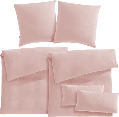 Produktbild von Pure Label Musselin Bettwäsche 6teilig bestehend aus Bettbezug 135 x 200 2er Set + 80x80 Kissenbezug 2er Set + 40x80 Kissenbezug 2er Set in rosa