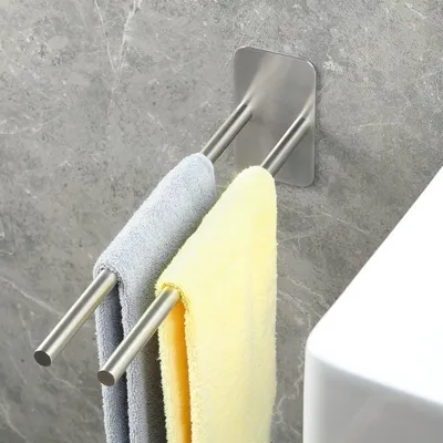 Zdjęcie produktu dla Uchwyt na ręczniki ze stali nierdzewnej, szczotkowany, 40 cm, dwuramienny, samoprzylepny, srebrny