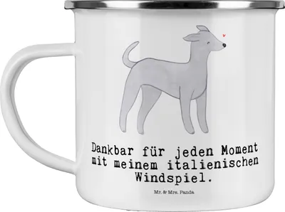 Produktbild von Mr. & Mrs. Panda Emaille Tasse Italienisches Windspiel Moment - Weiß - Geschenk, Haferl, Teetasse, Windhund, Italian Greyhound, becher, Motivtasse, Pott