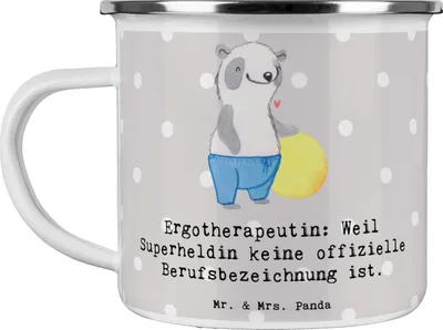 Produktbild von Mr. & Mrs. Panda Emailletasse Ergotherapeutin Superheldin - Grau Pastell - Geschenk, Emaille Becher, Berufsgestaltung, Einfühlungsvermögen, Tasse, Pott, Beruf, Haferl