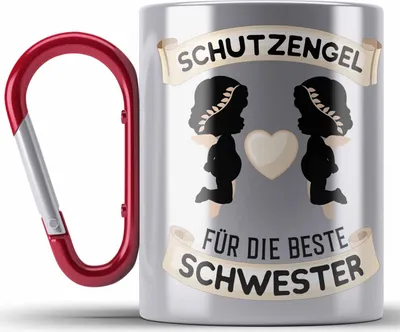 Produktbild von Trendation - Schutzengel Schwester Edelstahl Tasse Karabiner Geschenk für Schwester Geschenkidee Beste Schwester Geburtstag (Rot)