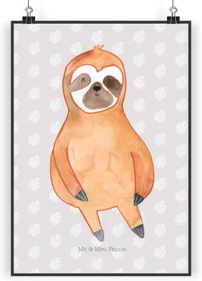 Produktbild von Mr. & Mrs. Panda Bild Faultier Zufrieden DIN A4 - Grau Pastell - Geschenk, Wanddekoration, Wandbild, drucke, Glück, glücklich, faul, Ruhe, wanddeko, Plakat
