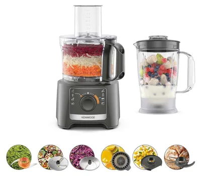 A food processor and blender with various attachments and ingredients shown in separate circular images.