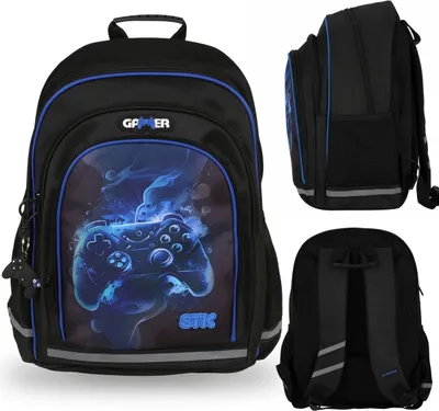 Obrázek produktu pro Modro-černý polstrovaný školní batoh pro chlapce, s odrazkami, na gamepad 40x29x20cm, 23l