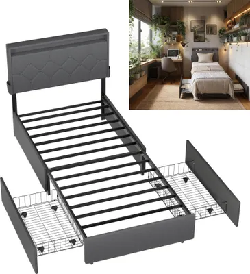 Produktbild von XMTECH 90 x 200 cm Polsterbett mit Gepolstertem Kopfteil & 2 Stauraumfächern, Hochwertige Material, ohne Matratze,  Dunkelgrau