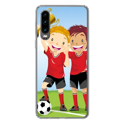 Produktbild von MuchoWow® Handyhülle Schutzhülle Hülle für Huawei P30 Eine Illustration von zwei Fußballspielern, die einen Preis gewonnen haben - Jungen - Mädchen - Kind Silikon Softcase Handy Hülle - Kartenbesitzer