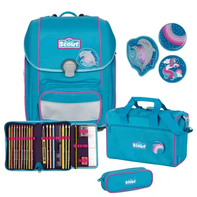 Produktbild von Scout Schulranzen Genius Set 4-teilig Dolphins blau pink