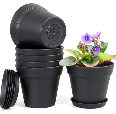 Produktbild von Blumentöpfe mit Untersetzer 6er Set 15.2cm Kunststoff Schwarz mit Ablauflöchern