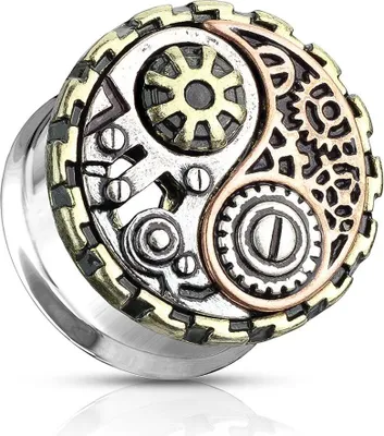 Produktbild von Plug Flesh Tunnel Edelstahl Yin Yang Steampunk Zahnrad Ohr Piercing Ohrstecker Double Flared Autiga® silber 25 mm