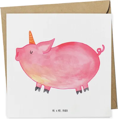 Produktbild von Mr. & Mrs. Panda Deluxe Karte Einhorn Schwein - Weiß - Geschenk, faltkarte, Grußkarte, English, Einhörner, Unicorn, Glückwunschkarte, Party, doppelkarte, anlasskarte