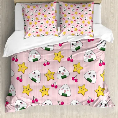 Produktbild von ABAKUHAUS Anime Bettbezug, Gestreifte Cartoon-Stil, Milbensicher Allergiker geeignet mit Kissenbezügen, 155 cm x 220 cm - 80 x 80 cm, Rosa, Gelb und Weiß