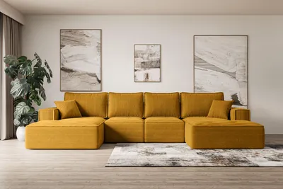 Produktbild von ALTDECOR Ecksofa mit Schlaffunktion und Bettkasten - Corner Sofa Eckcouch Couch U-Form universal, links/rechts angeordnet Schlafcouch Ausziehbar Wohnlandschaft SIERRA-U-S - 349x161x87 cm Senfgelb