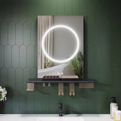 Obrázok produktu pre Kúpeľňové zrkadlo SONNI 50 x 70 cm, trojfarebné, stmievateľné, RA90, proti zahmlievaniu, s multifunkčnou poličkou