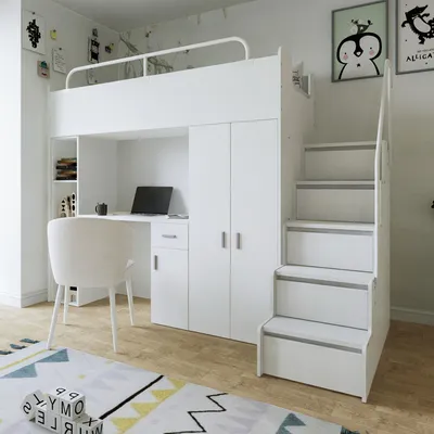 Produktbild von Marlux-Meble Hochbett Kinderbett JSM-4 90x200 mit Kleiderschrank Schreibtisch und Treppe Matt Kinderbetten Funktionsbett Etagenbett Stockbett Kinderhochbett Jugendhochbett (Weiß Matt)