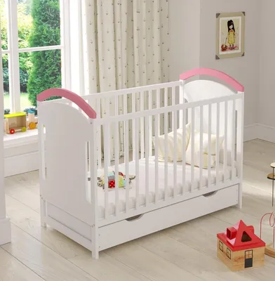 Produktbild von Babybett Beistellbett 120x60cm mit Sicherheitsbarriere Umwandelbar Rosa AMIE Kinderbett Baby Bett Holz - Kinderbett Babybett, Mitwachsend Gitterbett Baby Bed