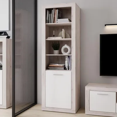 Obrázek produktu pro Forte BACCIO Regál 60, moderní knihovna do obývacího pokoje/kanceláře, 1dveřová, s policemi, dřevěná deska, Imitace pískového dubu | bílá, šířka 58,3 cm x výška 197,6 cm x hloubka 41 cm