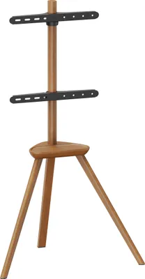 A wooden TV stand with a tripod base and two mounting brackets.