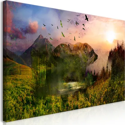 Produktbild von Wandbild Mega XXXL Berge 250x125 cm Einteiliger XXL-Format Kunstdruck zur Selbstmontage Leinwandbilder moderne Bilder DIY Wanddekoration Wohnung Deko Wald Landschaft Bär c-A-0133-ak-e