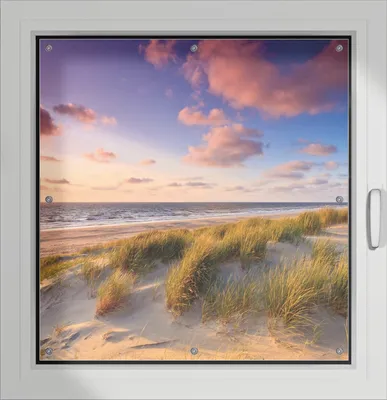 Produktbild von Wallario Lichtschutzbild, Dekorativer Sichtschutz Sonnenschutz 96 x 93 cm mit Motiv: Abendspaziergang am Strand - Sonnenuntergang über dem Meer - Verdunklung ohne Bohren