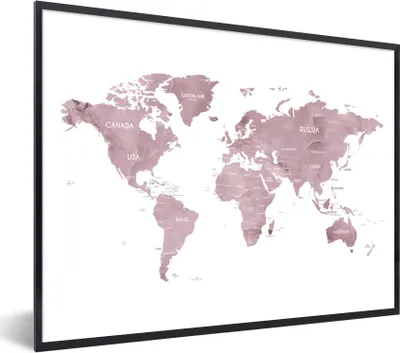 Produktbild von MuchoWow® Gerahmtes Poster Weltkarte - Rosa - Design 80x60 cm - Poster mit Schwarzem Bilderrahmen Wandposter Rahmen Foto Bilder - Schwarzem - Mit Gestell