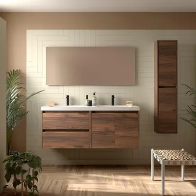 Image de Meubles de salle de bain BALTIC 1400 : 2 portes et 2 tiroirs, en bois de noyer MAYA, + meuble vasque
