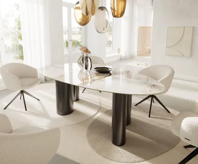 Produktbild von DELIFE Esstisch Edge Oval 220x120 Keramik Minas Melange Weiß-Beige Pilier Edelstahl Graphit