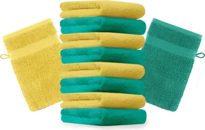 Produktbild von Betz 10 Stück Waschhandschuhe 16x21 cm PREMIUM 100% Baumwolle Farbe: smaragdgrün und gelb