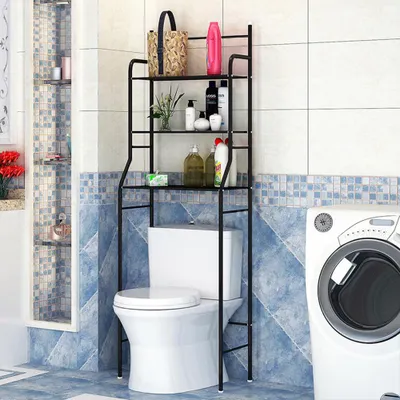 Immagine prodotto di Scaffale portaoggetti per bagno - Armadietto per bagno - Mobiletto per WC - Scaffale portaoggetti - Ripiano da posizionare sopra il WC - Nero - 3 ripiani