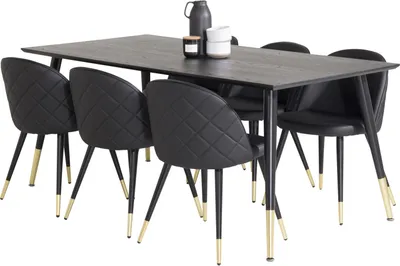 Produktbild von Dipp180x90BLBR Essgruppe Esstisch schwarz und 6 Velvet Esszimmerstühle PolyurethanKunstleder schwarz.