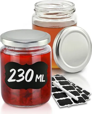 Produktbild von Praknu 25 Marmeladengläser 230 ml mit Deckel - Mit Etiketten & Stift - Luftdicht - Spülmaschinenfest - Ideal zum Verschenken