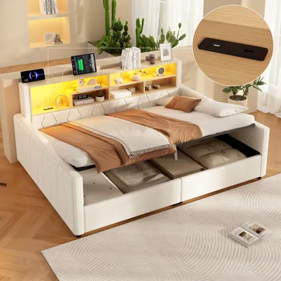 Produktbild von Flieks Tagesbett 140x200cm mit USB, Hydraulikbett Stauraumbett mit offenen Staufächern, Schlafsofa Jugendbett mit Led, Daybed Gästebett Leinen, Beige