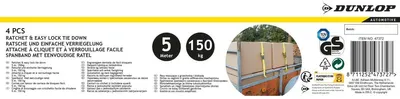 Produktbild von Dunlop Zurrgurt mit Ratsche – 4 Stück – 5 m – bis 150 kg – Gelb