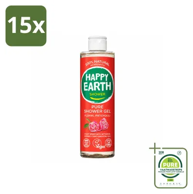 Imagen del producto de 15 unidades de gel de ducha floral Happy Earth Pure, con aroma a pachulí, 100% natural, 300 ml. Pack grande